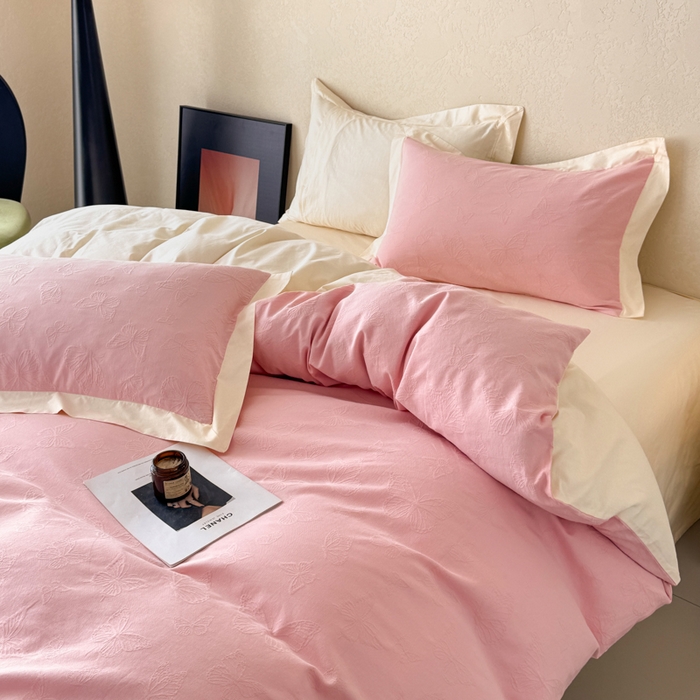 91家纺网 家纺一手货源 找家纺 若未家居 LOVEWE HOUSE 2025新款50S色织空气层水洗大提花全棉四件套 梦蝶-仙桃粉