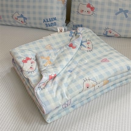 91家纺网 家纺一手货源 找家纺 暖生活 2025新款牛奶针织小清新大豆夏被 蓝格凯蒂