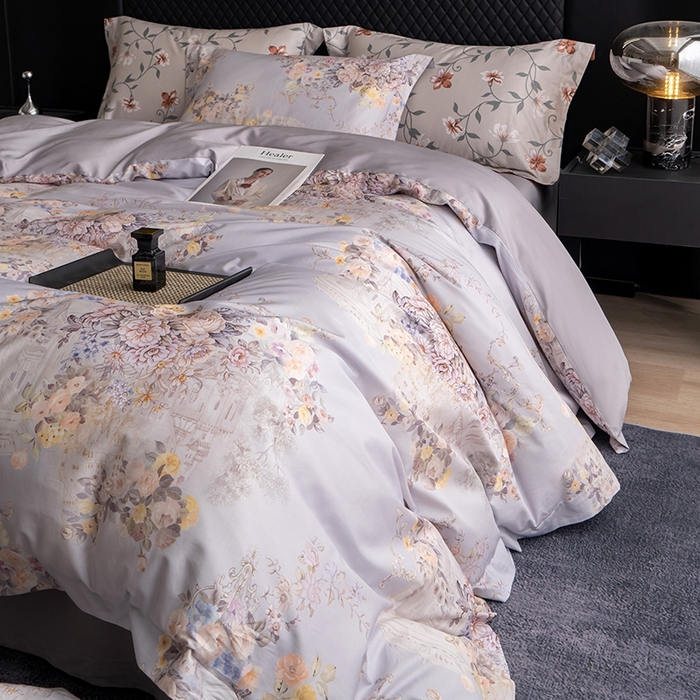 91家纺网 家纺一手货源 找家纺 皇寝世家家居 2025新款60S新疆长绒棉数码印花全棉床上四件套纯棉床品套件 花城-紫