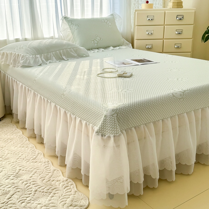 91家纺网 家纺一手货源 找家纺 999家纺   2025新款凉感提花冰豆豆凉席三件套 冰块熊-绿（床盖款）