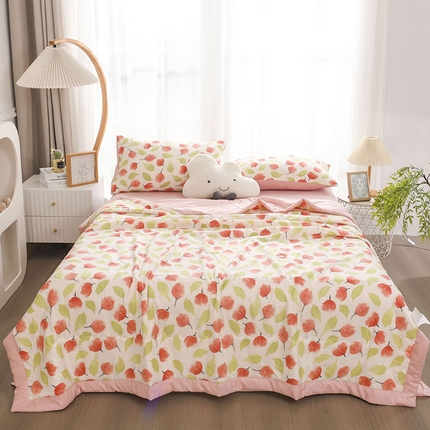 91家纺网 家纺一手货源 找家纺 红日子纺织品 2025新款棉麻夏被四件套 漫花-粉