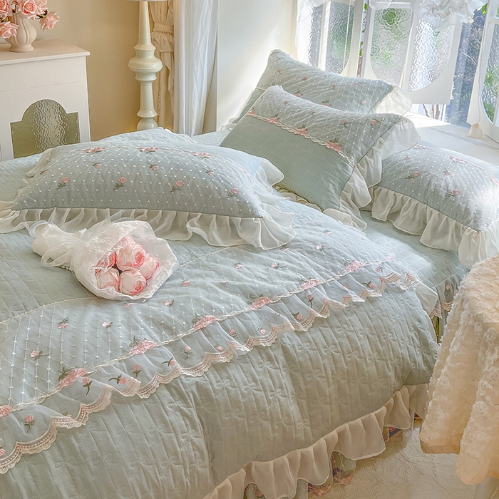 91家纺网 家纺一手货源 找家纺 网红馆（ck家纺） 2025新款优舒棉蕾丝花边床裙四件套-玛格丽 水绿