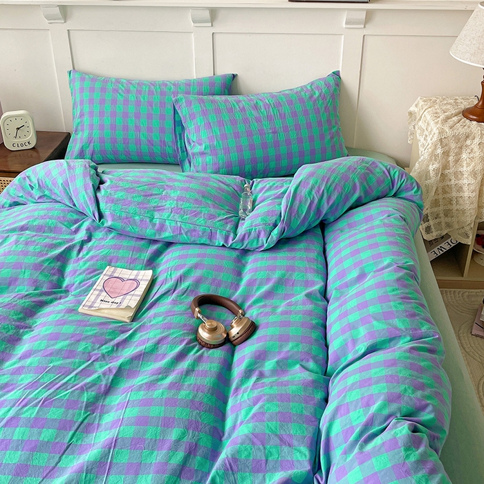 91家纺网 家纺一手货源 找家纺 大柏树 2025新款全棉水洗棉套件-床单四件套 绿紫中格