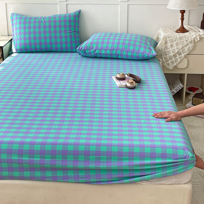 91家纺网 家纺一手货源 找家纺 2025新款全棉水洗棉套件-单床笠 绿紫中格