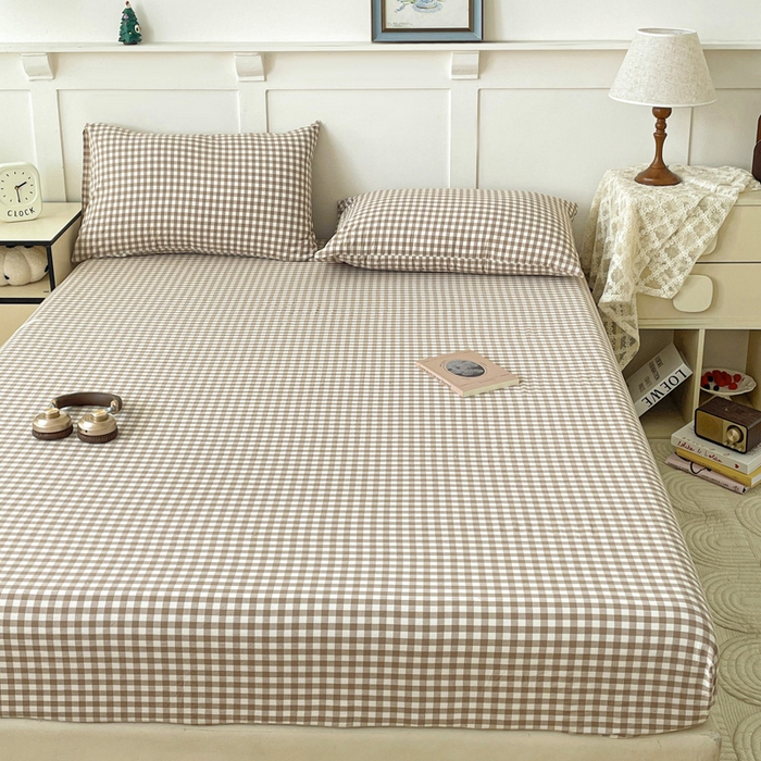 91家纺网 家纺一手货源 找家纺 2025新款全棉水洗棉套件-单床笠 米小格