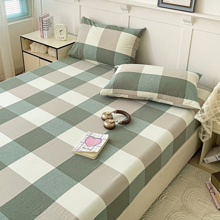 91家纺网 家纺一手货源 找家纺 2025新款全棉水洗棉套件-单床笠 绿大格