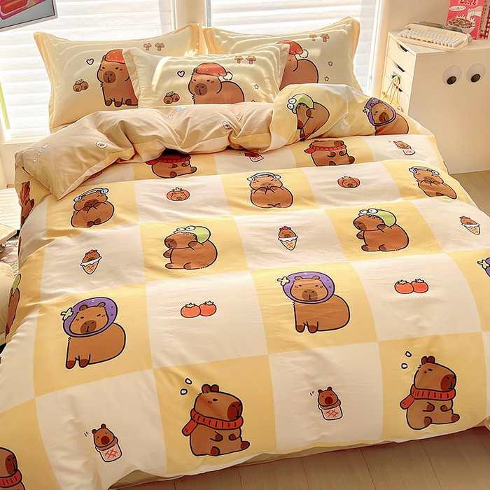 91家纺网 家纺一手货源 找家纺 2025新款原创设计卡皮巴拉全棉四件套-有作品登记证书 方格巴拉