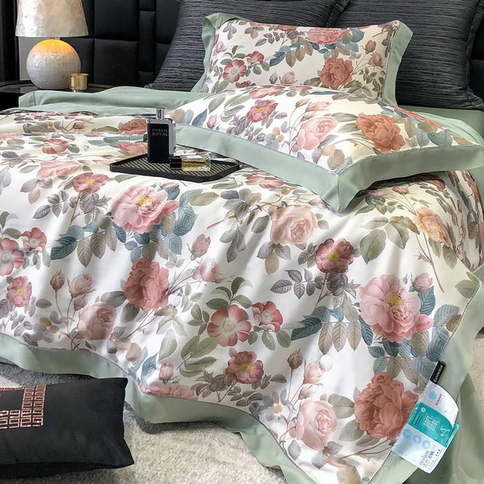 91家纺网 家纺一手货源 找家纺 若未家居 LOVEWE HOUSE 2025新款兰精天丝印花夏被及夏被四件套 玫瑰冰酿（床单款+床盖款）