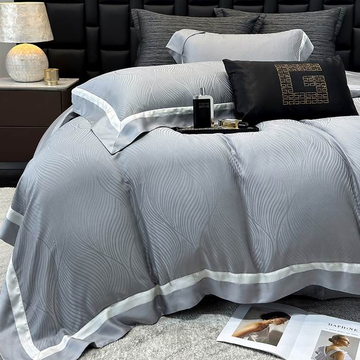 91家纺网 家纺一手货源 找家纺 若未家居 LOVEWE HOUSE 2025新款天丝提花套件撞色轻奢风四件套-天丝布拉格 天丝布拉格 银灰