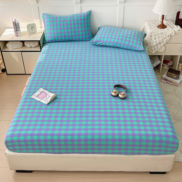 91家纺网 家纺一手货源 找家纺 2025新款全棉水洗棉套件-单床笠 绿紫中格