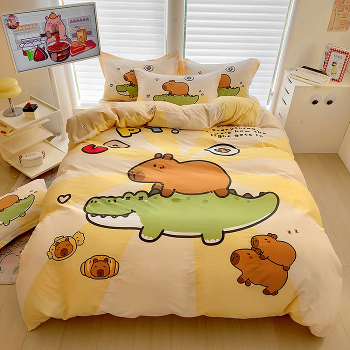 91家纺网 家纺一手货源 找家纺 2025新款原创设计卡皮巴拉全棉四件套-有作品登记证书 趴趴巴拉