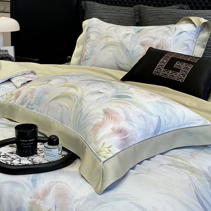 91家纺网 家纺一手货源 找家纺 若未家居 LOVEWE HOUSE 2025新款兰精天丝印花夏被及夏被四件套 粉墨华羽（床单款+床盖款）