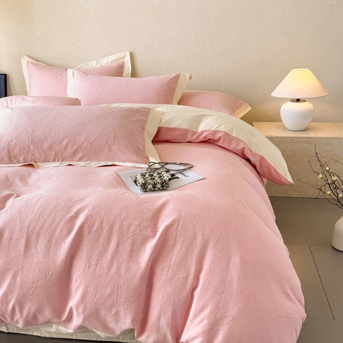 91家纺网 家纺一手货源 找家纺 若未家居 LOVEWE HOUSE 2025新款50S色织空气层水洗大提花全棉四件套 梦蝶-仙桃粉