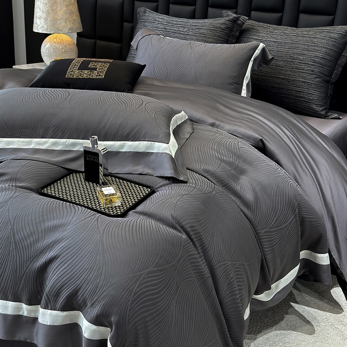 91家纺网 家纺一手货源 找家纺 若未家居 LOVEWE HOUSE 2025新款天丝提花套件撞色轻奢风四件套-天丝布拉格 天丝布拉格 玄灰