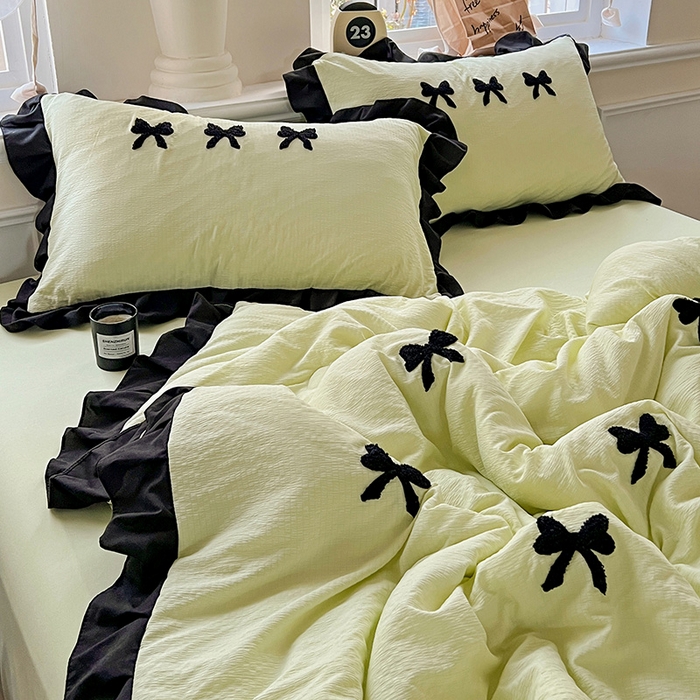 91家纺网 家纺一手货源 找家纺 梦之岛 2025新款韩版小泡泡水洗棉毛巾绣四件套-蝶梦 蝶梦蝴蝶结-绿