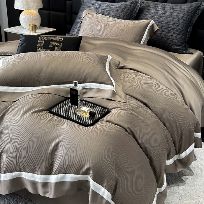 91家纺网 家纺一手货源 找家纺 若未家居 LOVEWE HOUSE 2025新款天丝提花套件撞色轻奢风四件套-天丝布拉格 天丝布拉格 美拉德棕