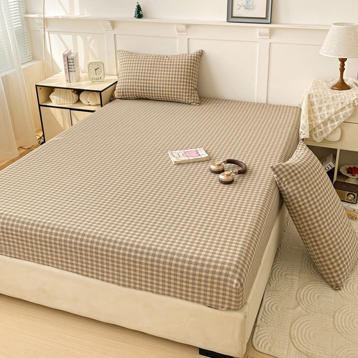 91家纺网 家纺一手货源 找家纺 2025新款全棉水洗棉套件-单床笠 春野咖