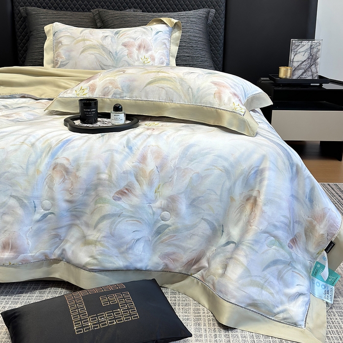 91家纺网 家纺一手货源 找家纺 若未家居 LOVEWE HOUSE 2025新款兰精天丝印花夏被及夏被四件套 粉墨华羽（床单款+床盖款）