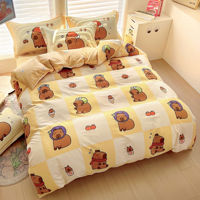 91家纺网 家纺一手货源 找家纺 2025新款原创设计卡皮巴拉全棉四件套-有作品登记证书 方格巴拉