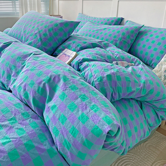 91家纺网 家纺一手货源 找家纺 大柏树 2025新款全棉水洗棉套件-床单四件套 绿紫中格