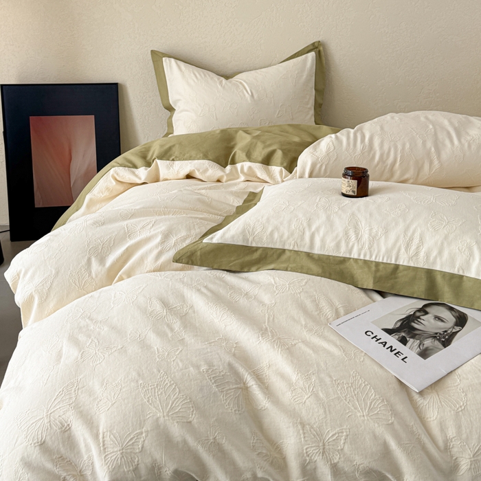 91家纺网 家纺一手货源 找家纺 若未家居 LOVEWE HOUSE 2025新款50S色织空气层水洗大提花全棉四件套 梦蝶-春日白