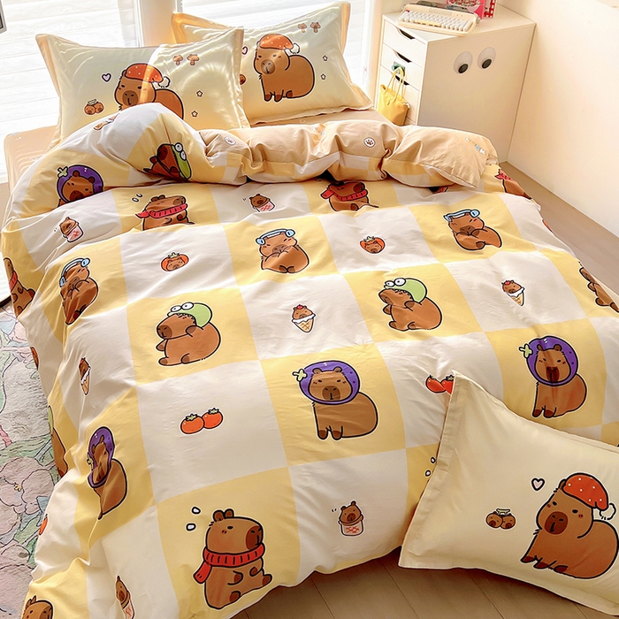 91家纺网 家纺一手货源 找家纺 2025新款原创设计卡皮巴拉全棉四件套-有作品登记证书 方格巴拉