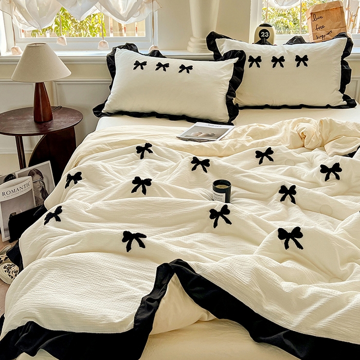 91家纺网 家纺一手货源 找家纺 梦之岛 2025新款韩版小泡泡水洗棉毛巾绣四件套-蝶梦 蝶梦蝴蝶结-奶白