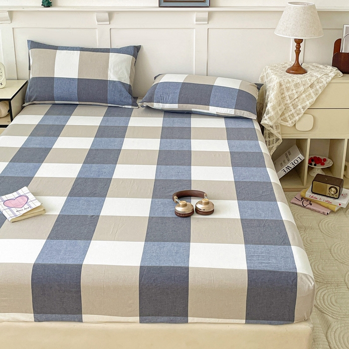 91家纺网 家纺一手货源 找家纺 2025新款全棉水洗棉套件-单床笠 蓝大格