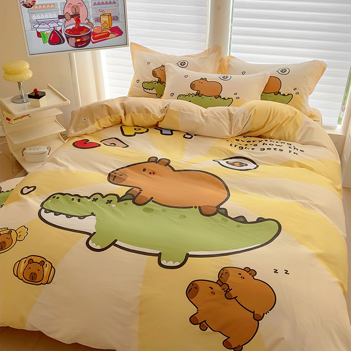 91家纺网 家纺一手货源 找家纺 2025新款原创设计卡皮巴拉全棉四件套-有作品登记证书 趴趴巴拉