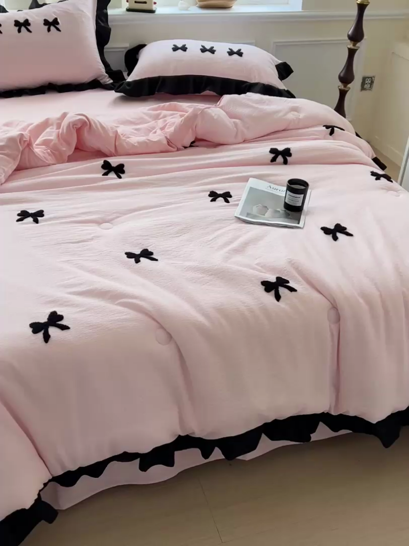 91家纺网 家纺一手货源 找家纺 梦之岛 2025新款韩版小泡泡水洗棉毛巾绣四件套-蝶梦 蝶梦蝴蝶结-玉