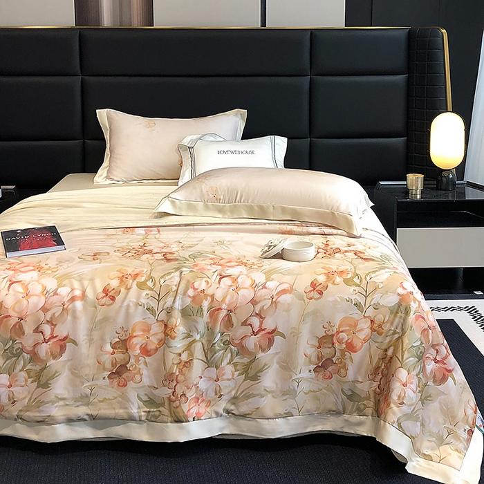 91家纺网 家纺一手货源 找家纺 若未家居 LOVEWE HOUSE 2025新款兰精天丝印花夏被及夏被四件套 花西子 米（床单款+床盖款）