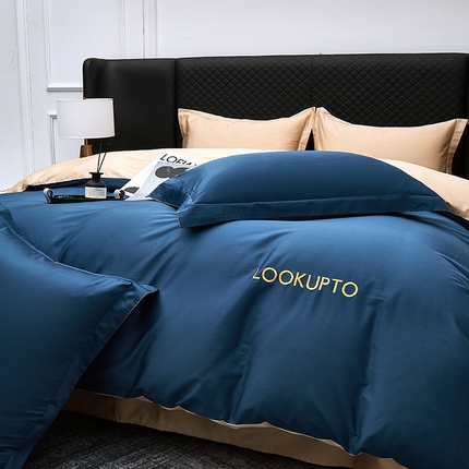 皇寝世家家居 2025新款全棉纯棉A类100s长绒棉四件套刺绣绣花纯色贡缎床单款-诗雅 诗雅-藏青色