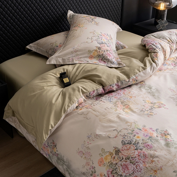 91家纺网 家纺一手货源 找家纺 皇寝世家家居 2025新款60S新疆长绒棉数码印花全棉床上四件套纯棉床品套件 花城-绿