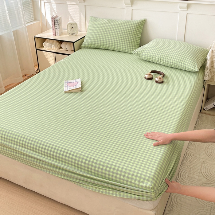 91家纺网 家纺一手货源 找家纺 2025新款全棉水洗棉套件-单床笠 艾莎绿小格