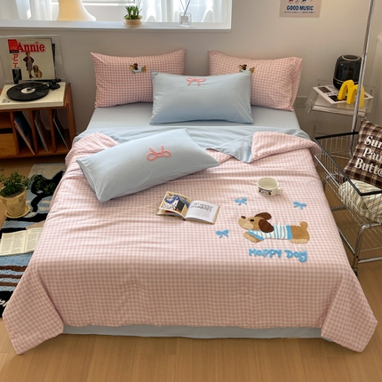 红嘴企鹅 2025新款卡通毛巾绣空调被夏被四件套 夏被-粉格狗狗