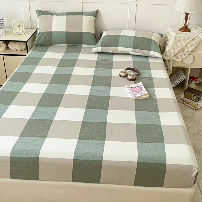 91家纺网 家纺一手货源 找家纺 2025新款全棉水洗棉套件-单床笠 绿大格