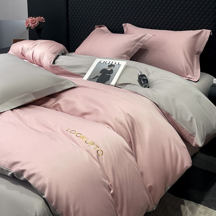 91家纺网 家纺一手货源 找家纺 皇寝世家家居 2025新款全棉纯棉A类100s长绒棉四件套刺绣绣花纯色贡缎床单款-诗雅 诗雅-如意粉