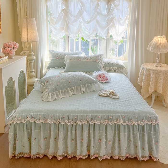 91家纺网 家纺一手货源 找家纺 网红馆（ck家纺） 2025新款优舒棉蕾丝花边床裙四件套-玛格丽 水绿