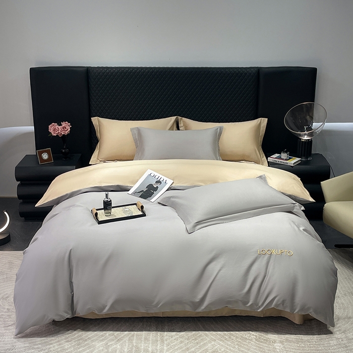 91家纺网 家纺一手货源 找家纺 皇寝世家家居 2025新款全棉纯棉A类100s长绒棉四件套刺绣绣花纯色贡缎床单款-诗雅 诗雅-星空灰