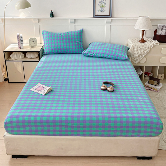 91家纺网 家纺一手货源 找家纺 2025新款全棉水洗棉套件-单床笠 绿紫中格