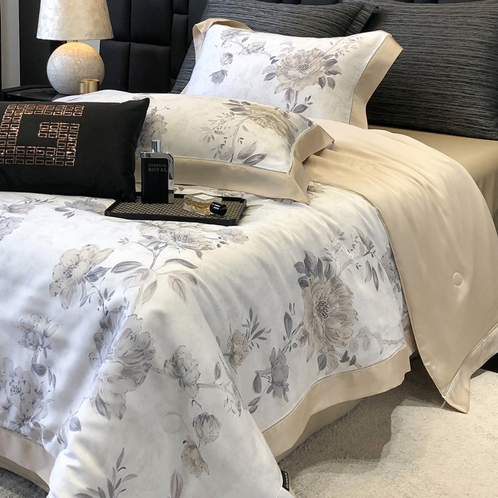 91家纺网 家纺一手货源 找家纺 若未家居 LOVEWE HOUSE 2025新款兰精天丝印花夏被及夏被四件套 芍药连枝（床单款+床盖款）