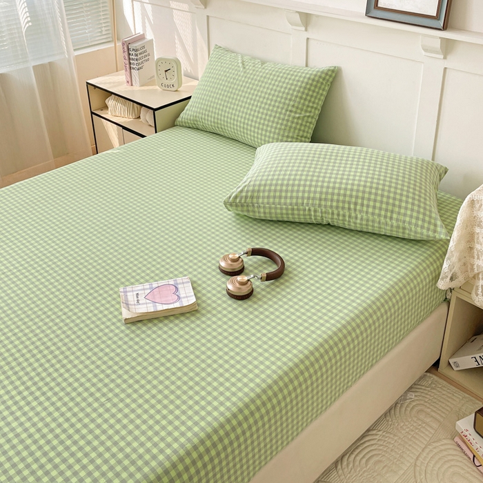 91家纺网 家纺一手货源 找家纺 2025新款全棉水洗棉套件-单床笠 艾莎绿小格