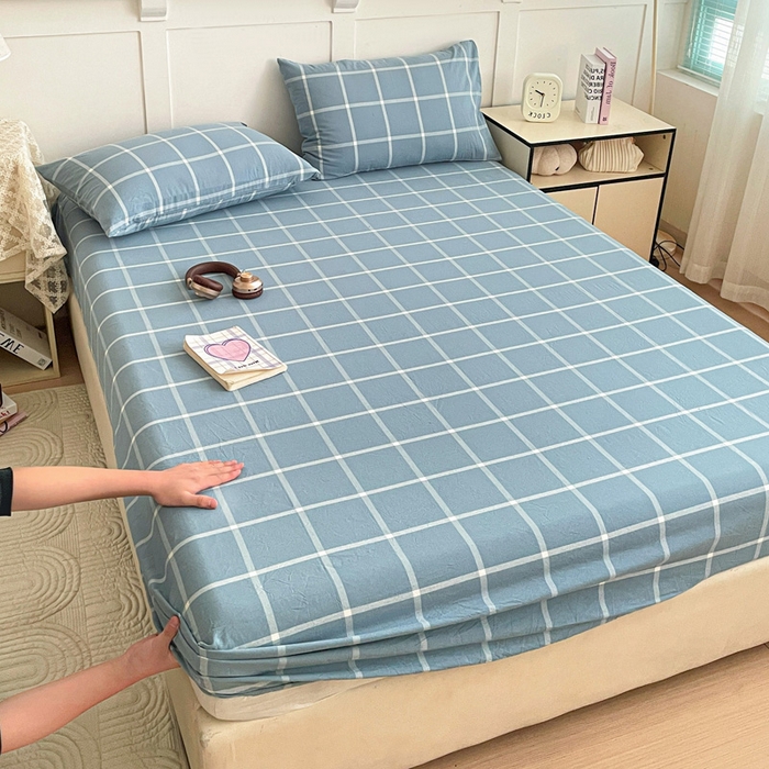 91家纺网 家纺一手货源 找家纺 2025新款全棉水洗棉套件-单床笠 蓝灰中格