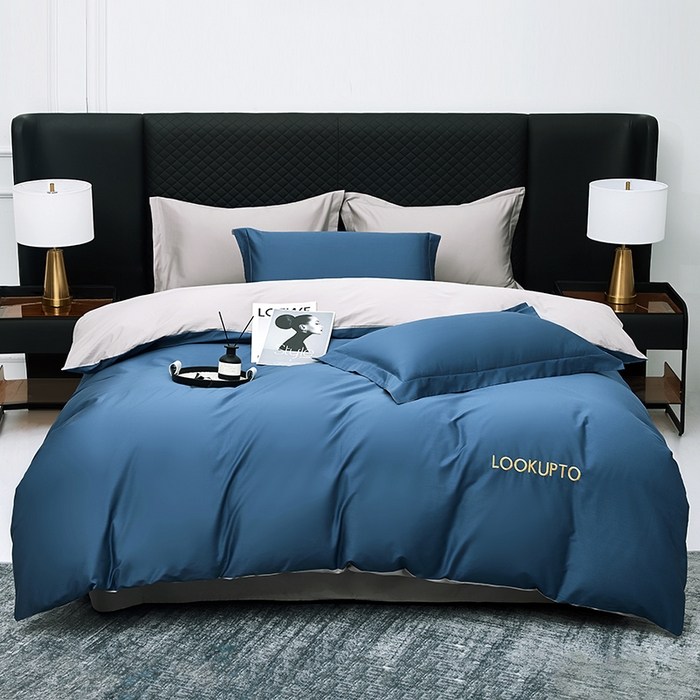 91家纺网 家纺一手货源 找家纺 皇寝世家家居 2025新款全棉纯棉A类100s长绒棉四件套刺绣绣花纯色贡缎床单款-诗雅 诗雅-湖蓝色