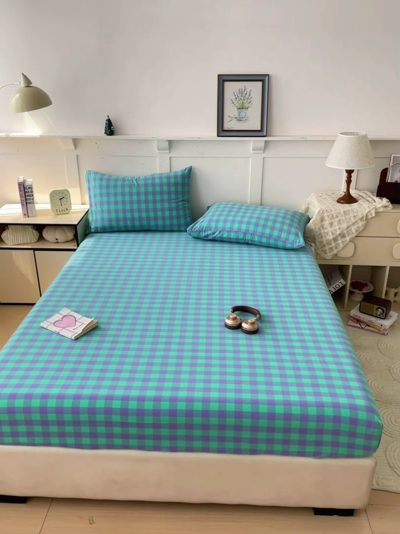 91家纺网 家纺一手货源 找家纺 2025新款全棉水洗棉套件-单床笠 绿紫中格