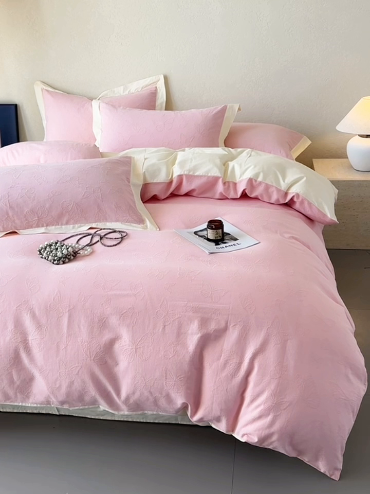 91家纺网 家纺一手货源 找家纺 若未家居 LOVEWE HOUSE 2025新款50S色织空气层水洗大提花全棉四件套 梦蝶-仙桃粉