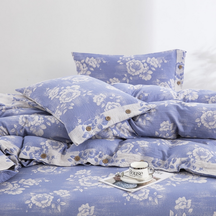 91家纺网 家纺一手货源 找家纺 2025新款全棉色织双层纱纽扣款四件套 云纱-浅兰