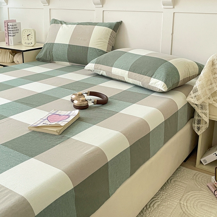 91家纺网 家纺一手货源 找家纺 2025新款全棉水洗棉套件-单床笠 绿大格