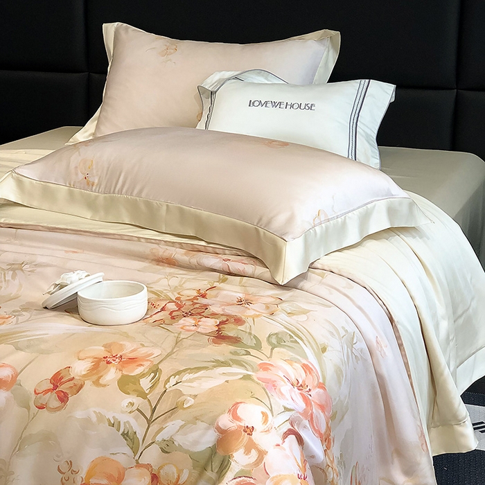 91家纺网 家纺一手货源 找家纺 若未家居 LOVEWE HOUSE 2025新款兰精天丝印花夏被及夏被四件套 花西子 米（床单款+床盖款）