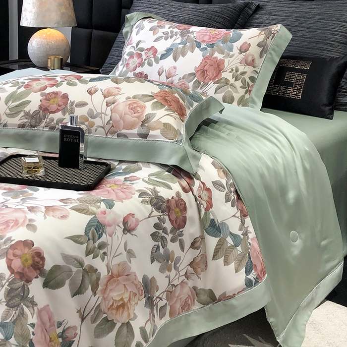 91家纺网 家纺一手货源 找家纺 若未家居 LOVEWE HOUSE 2025新款兰精天丝印花夏被及夏被四件套 玫瑰冰酿（床单款+床盖款）